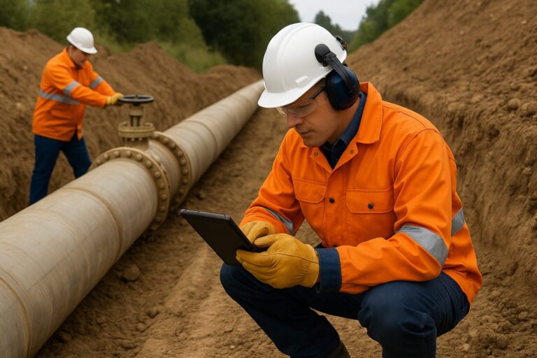 man inspecting pipeline on site
